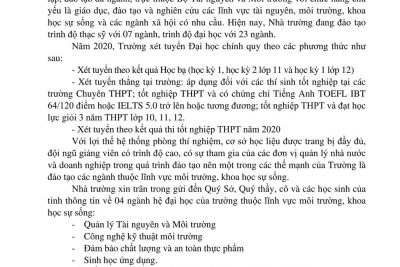 Thông tin tuyển sinh năm 2020 trường ĐH Tài nguyên & Môi trường HN